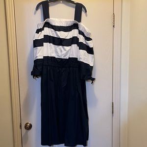 EShakti Cold Shoulder Cotton twill 3/4 sleeve Navy & White Midi dress Sz 22W/2X